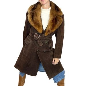 Rare Vintage Mac Mor Canada brown suede leather belted fur collar coat 70s 80s